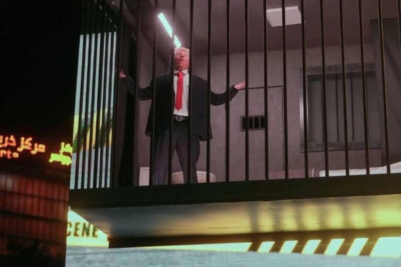 Başkentteki Tecriş Meydanı'nda kurulan alanda, Trump kılığına girmiş bir oyuncu, reklam panosu şeklinde tasarlanan sembolik bir hapishanede parmaklıklar ardına konuldu