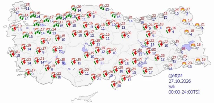 27 Ekim Salı hava durumu tahmini haritası