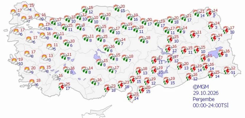 29 Ekim Perşembe hava durumu tahmini haritası