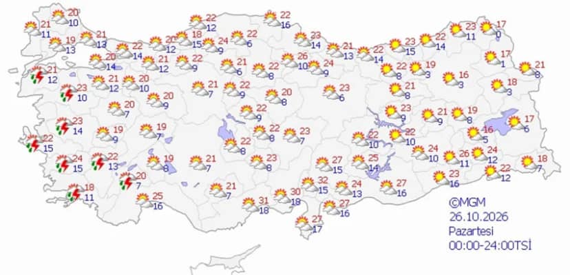 26 Ekim Pazartesi hava durumu tahmini haritası