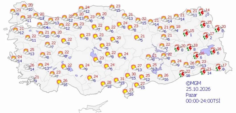 25 Ekim Pazar hava durumu tahmini haritası