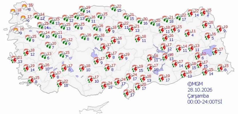 28 Ekim Çarşamba hava durumu tahmini haritası