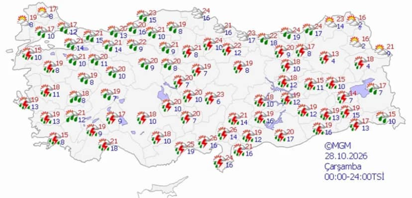 28 Ekim Çarşamba hava durumu tahmini haritası