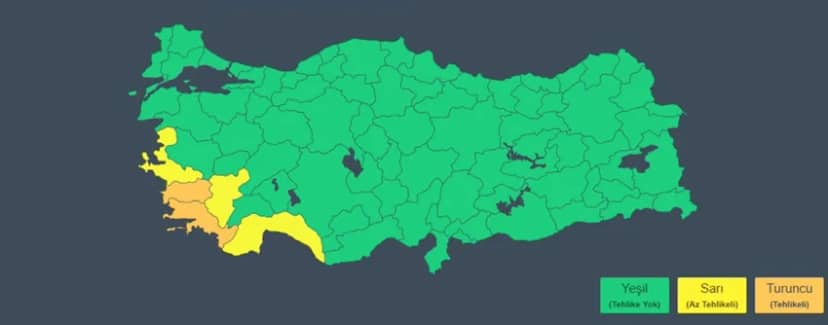 Turuncu Alarm Verildi Meteoroloji Genel Müdürlüğü; Aydın ve Muğla için turuncu kod uyarısında bulunurken, Antalya, Denizli ve İzmir için sarı kod uyarısı yaptı.