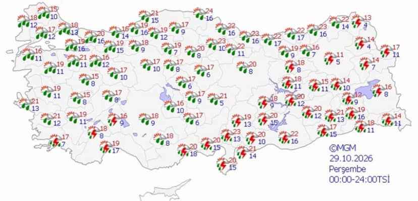 29 Ekim Perşembe hava durumu tahmini haritası