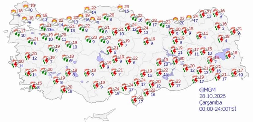 28 Ekim Çarşamba hava durumu tahmini haritası