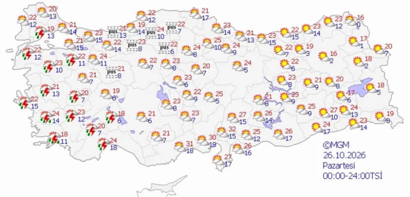 26 Ekim Pazartesi hava durumu tahmini haritası