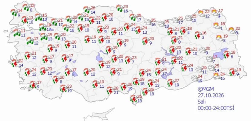27 Ekim Salı hava durumu tahmini haritası