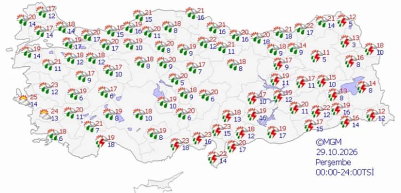 29 Ekim Perşembe hava durumu tahmini haritası
