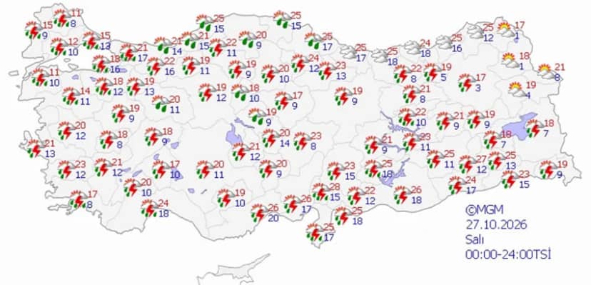 27 Ekim Salı hava durumu tahmini haritası