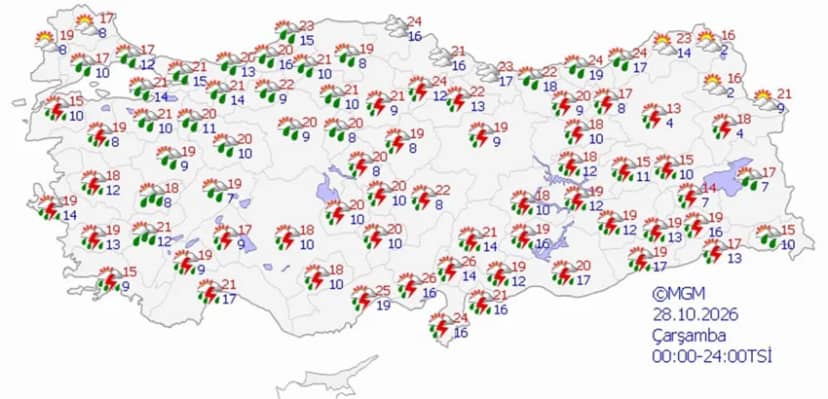 28 Ekim Çarşamba hava durumu tahmini haritası