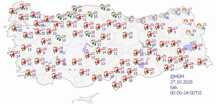 27 Ekim Salı hava durumu tahmini haritası