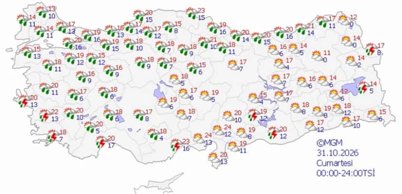 31 Ekim Cumartesi hava durumu tahmini haritası