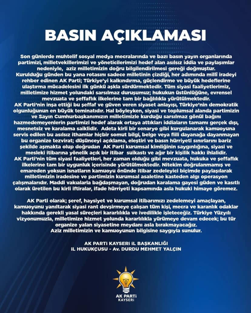 AK Parti Kayseri, asılsız sosyal medya iddialarına yasal süreç işletecek