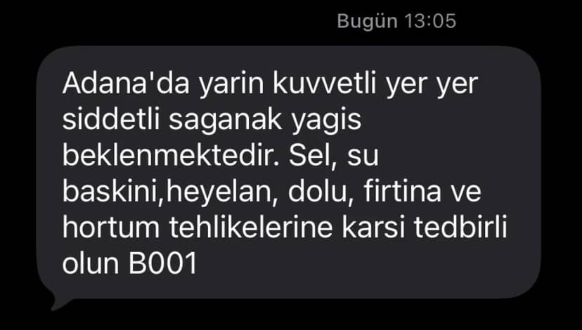 AFAD, Adana'da yarın beklenen şiddetli sağanak için SMS ile uyardı
