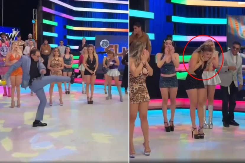 Canlı yayında akılalmaz kaza! Sunucunun tekmesi modeli hastanelik etti