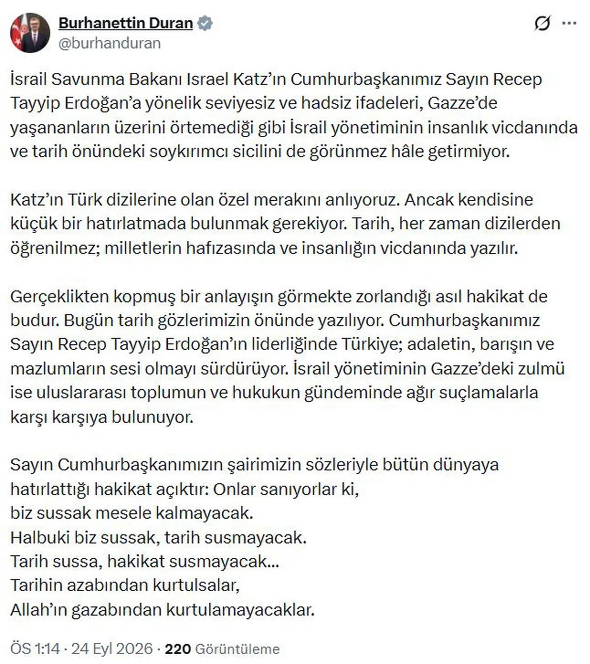 İletişim Başkanı Duran'dan, İsrail Savunma Bakanı Katz'a tepki