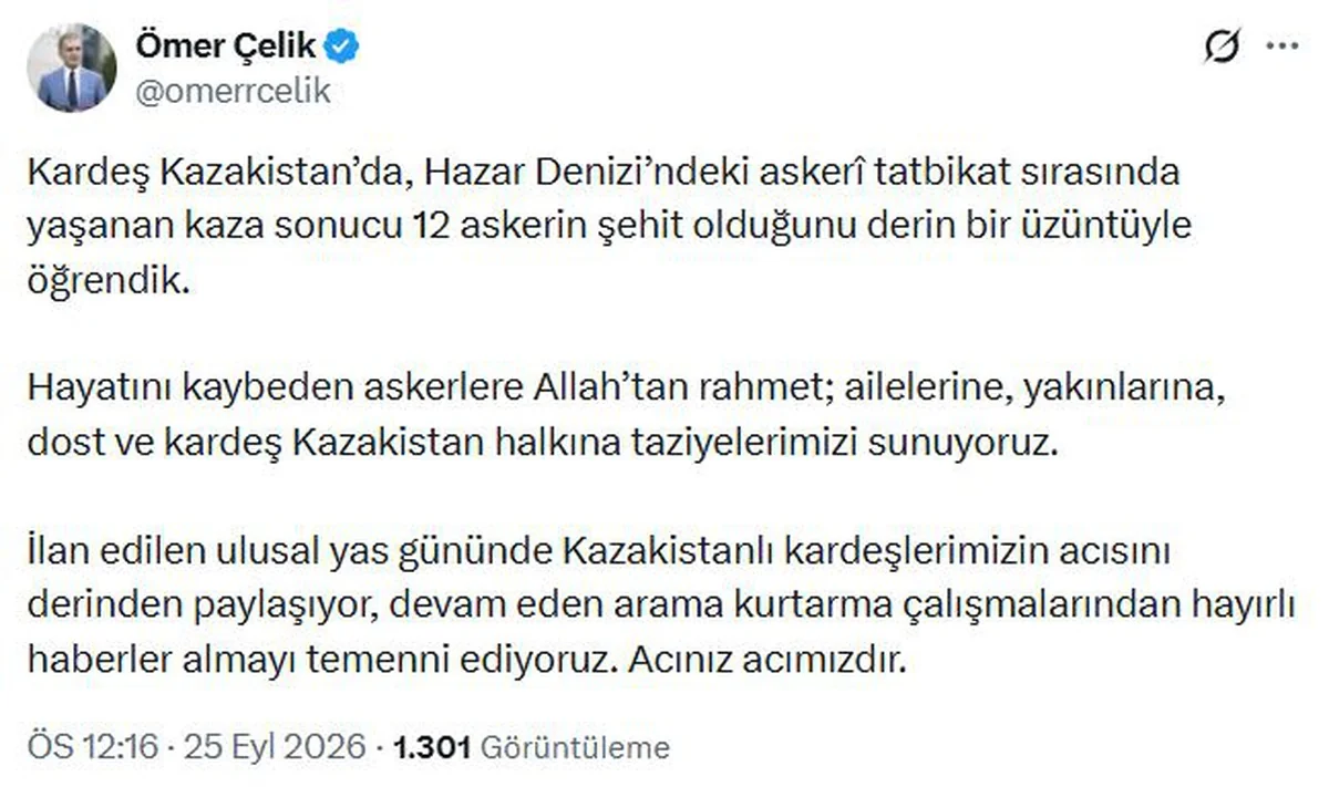 AK Parti'li Çelik'ten, Kazakistan'a taziye mesajı