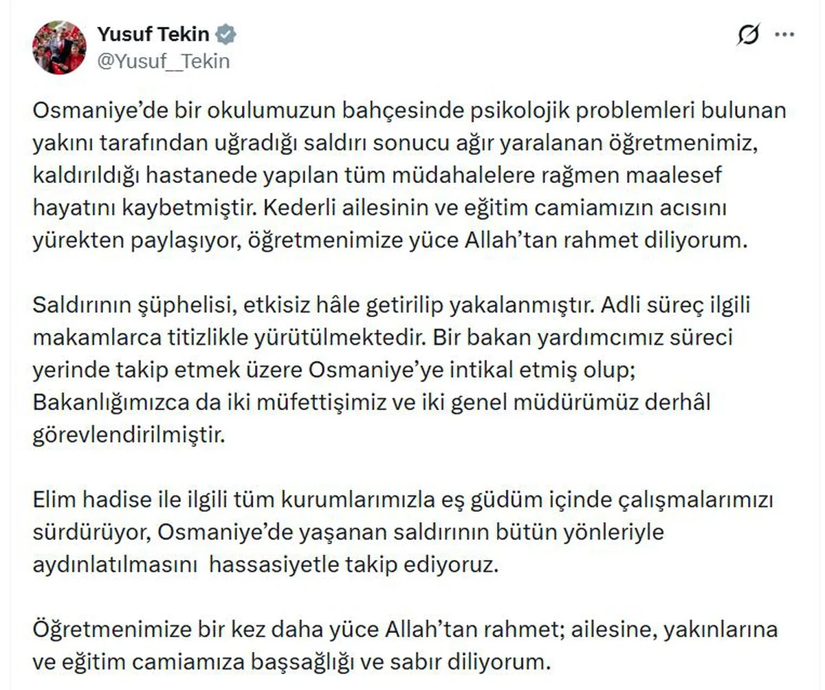 Bakan Tekin, Osmaniye'de saldırı sonucu ölen öğretmen için taziye mesajı yayımladı