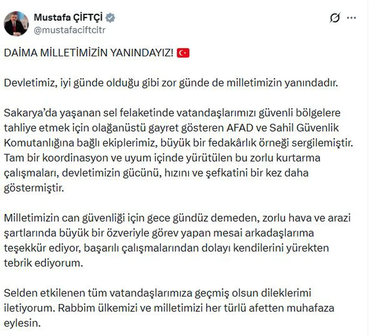 Bakan Çiftçi, Sakarya selinde AFAD ve Sahil Güvenlik ekiplerini tebrik etti