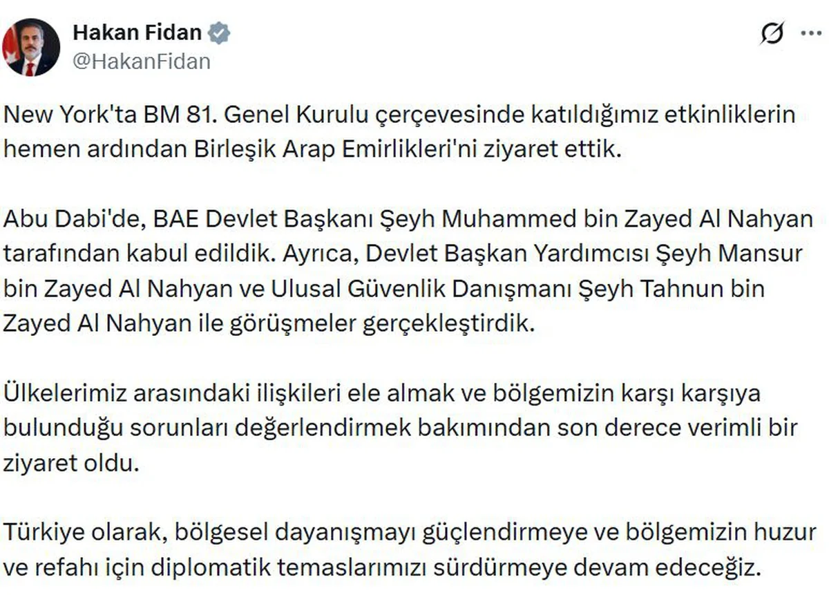 Dışişleri Bakanı Fidan, BAE ziyaretinde Devlet Başkanı tarafından kabul edildi