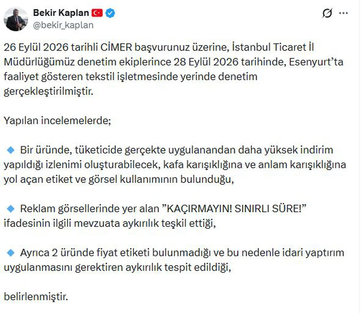 Ticaret Bakanlığı Esenyurt'ta tekstil firmasına idari yaptırım uygulandığını bildirdi