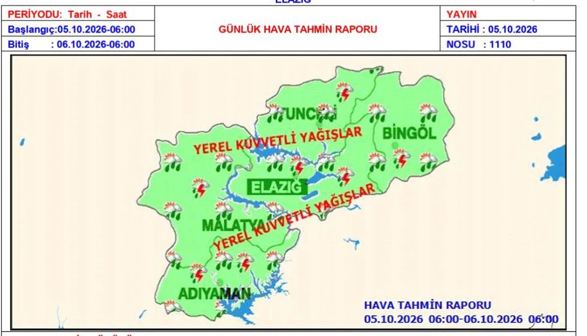 Meteoroloji 13. Bölge Müdürlüğü, Elazığ için kuvvetli yağış uyarısında bulundu