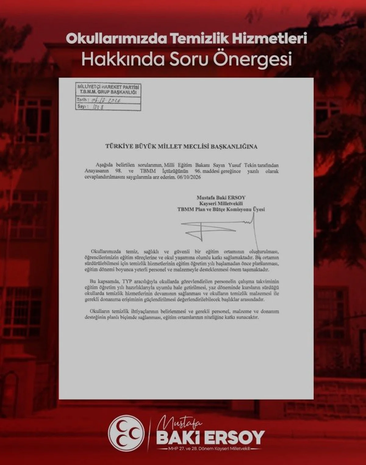 MHP'li Baki Ersoy, okul temizliği ve TYP için Bakan Tekin'e soru önergesi verdi