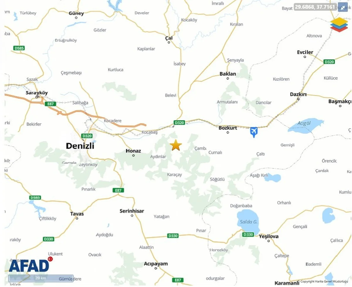 Honaz merkezli 3.9 büyüklüğünde depremin ardından Denizli'de 6 artçı kaydedildi