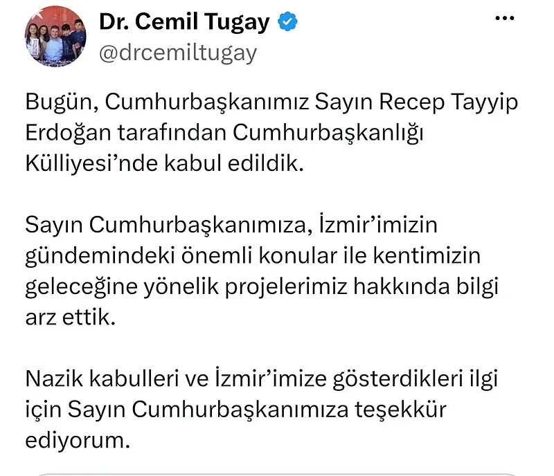 İzmir Büyükşehir Belediye Başkanı Cemil Tugay, Başkan Recep Tayyip Erdoğan ile Cumhurbaşkanlığı Külliyesi'ndeki görüşmesinin ardından sosyal medya hesabından açıklama yaptı. (Foto: AA)