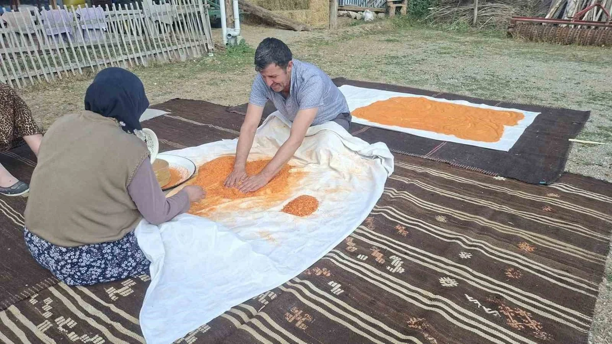 Kütahya Hisarcık'ta Hüseyin Atağan, çiftlik evinde eşine tarhanayı ovmada yardım etti