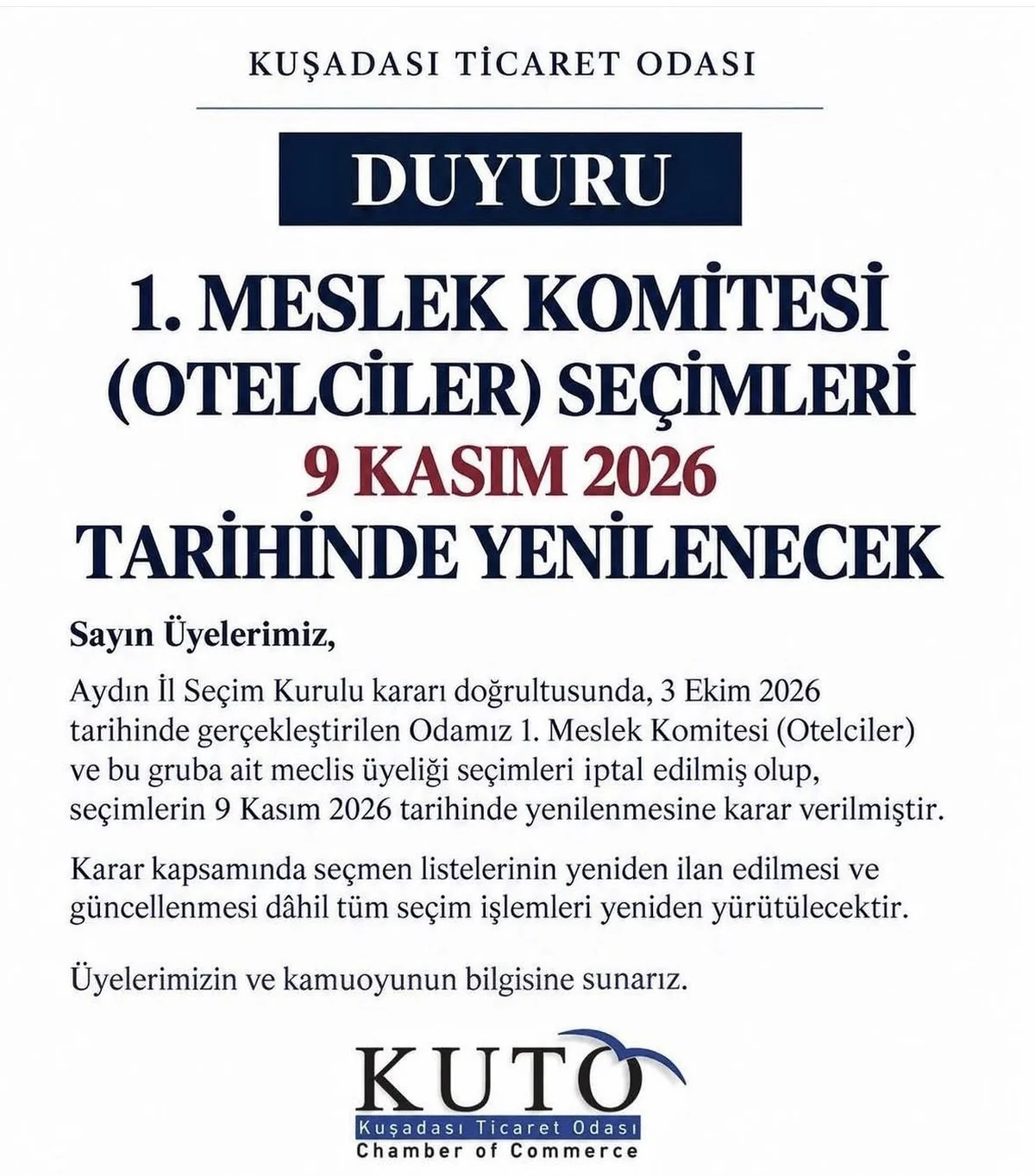 KUTO Otelciler Komitesi seçimleri 9 Kasım'da yeniden yapılacak