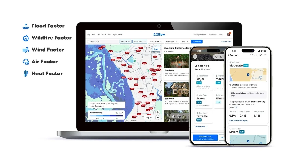 Zillow'un 2024'te kullanıma sunduğu iklim riski puanlarının yer aldığı konut ilanı ekranı. Kaynak: Zillow / First Street.